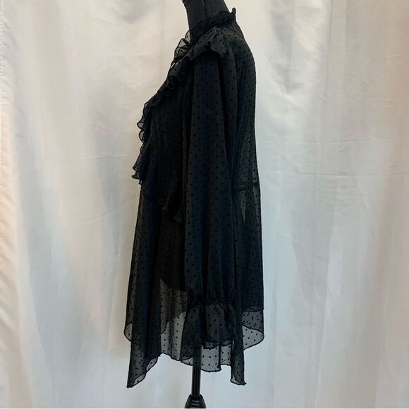 ZARA black mesh polka dot ruffle frill sheer lace long sleeve blouse Sz M - Picture 4 of 11